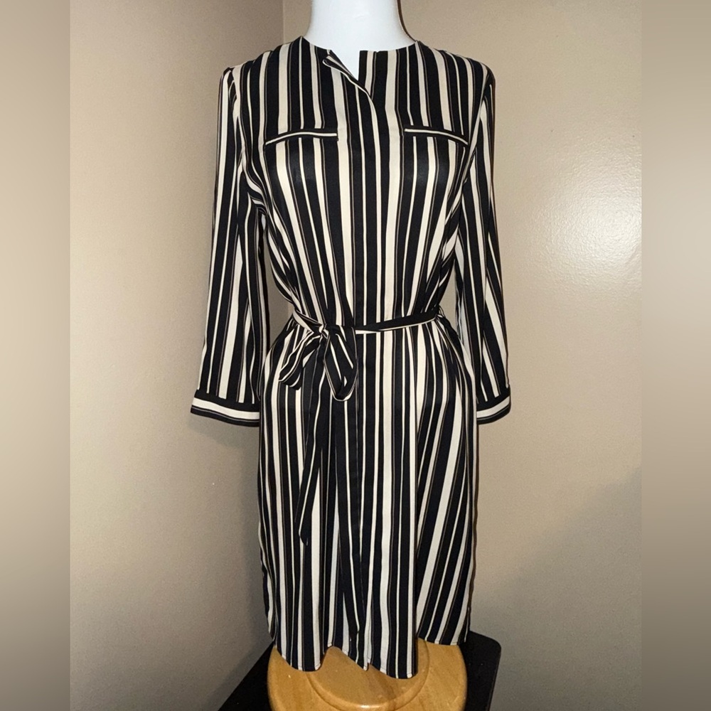 LOFT Black and Off-White Long Sleeve Striped Dress